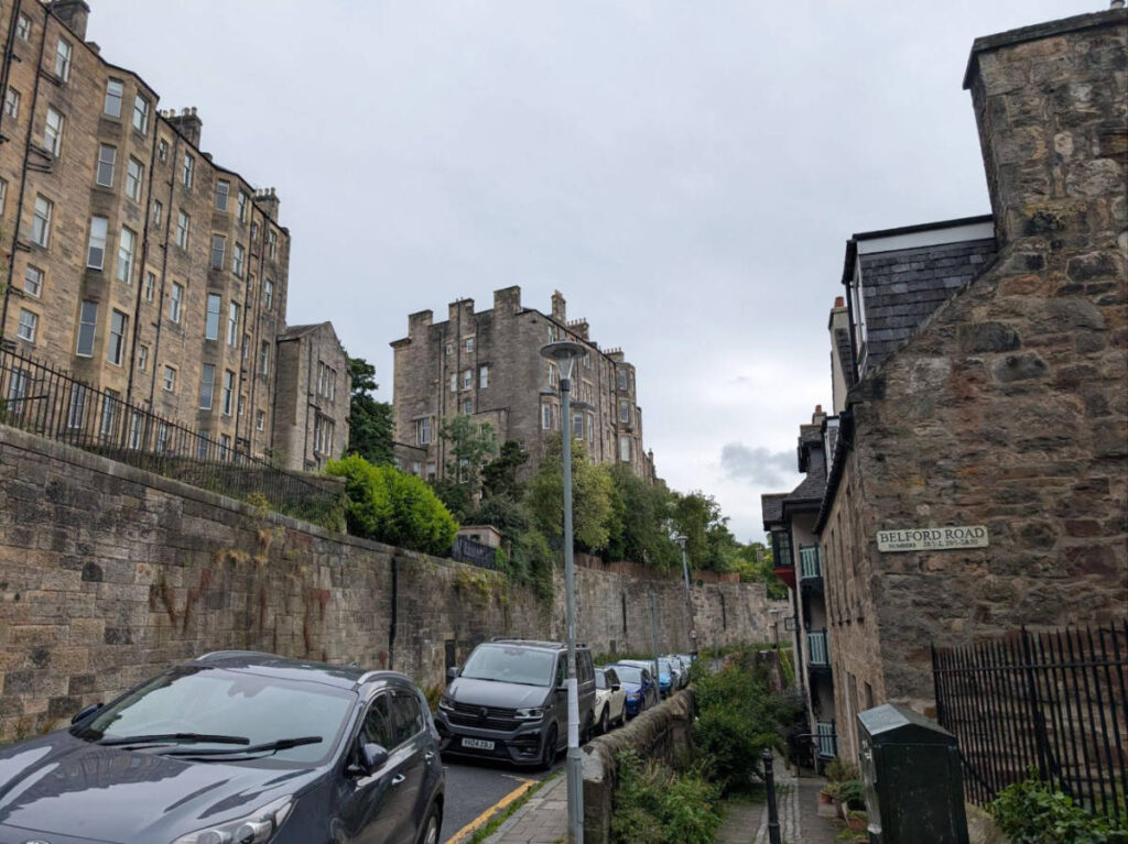 Cars parked on a narrow road in Edinburgh
