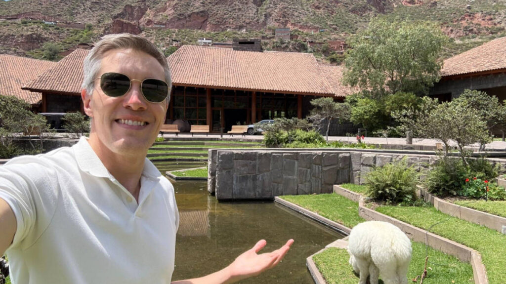 The author Nate Hake, showing the landscape in front of Tambo del Inka