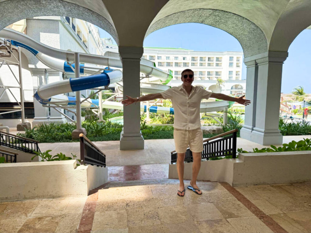 Travel Lemming founder Nate Hake, showing the slides at the kids pool