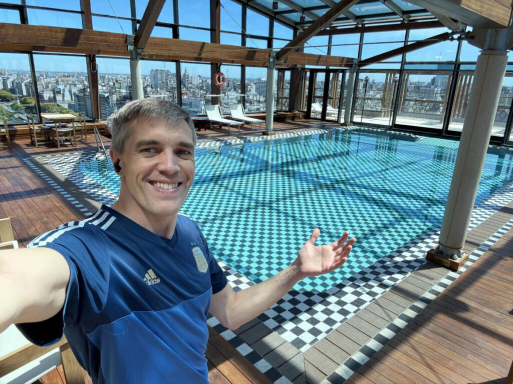 Travel Lemming founder, Nate Hake, showing the rooftop pool solarium of the Buenos Aires Marriott