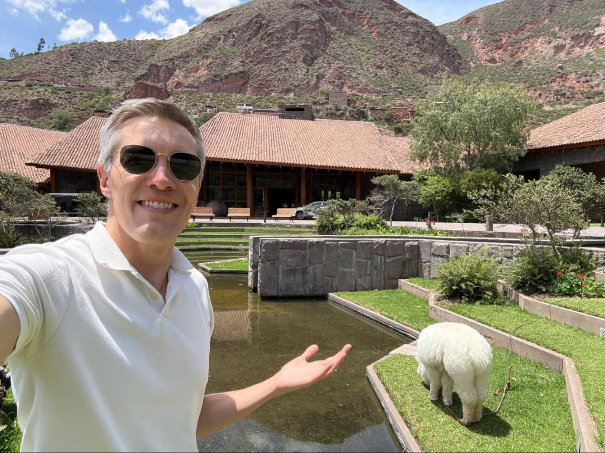 Me in front of Tambo del Inka, with the hotel’s resident alpaca Chasca