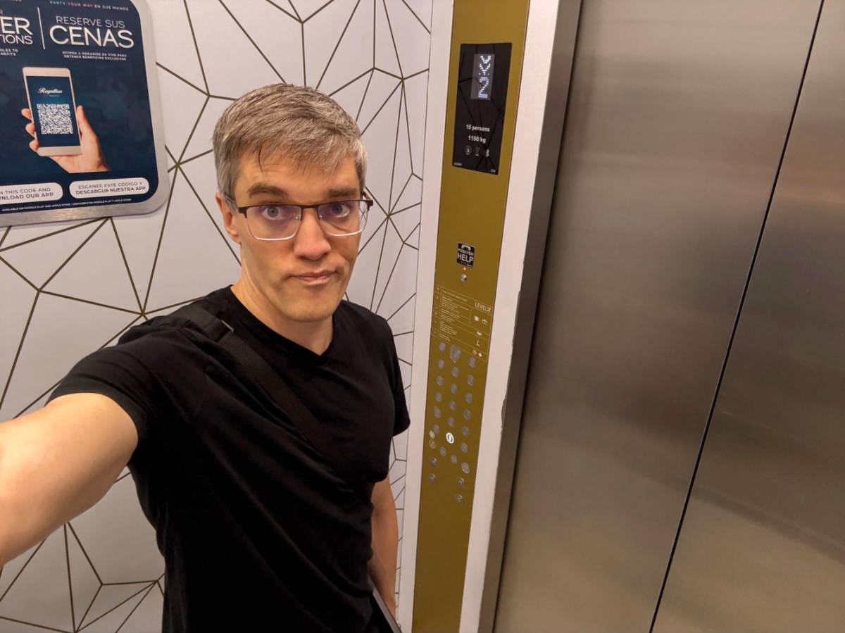 Travel Lemming founder Nate Hake inside the elevator in Royalton CHIC