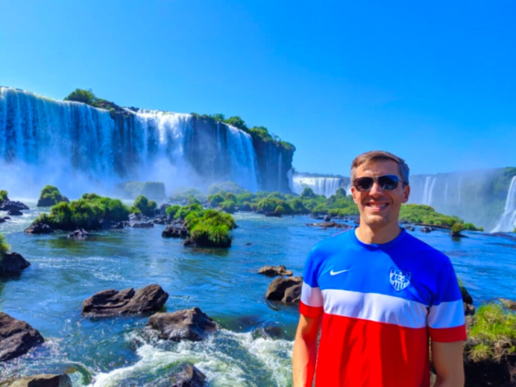 Travel Lemming founder Nate at Iguazu Falls Brazil Side