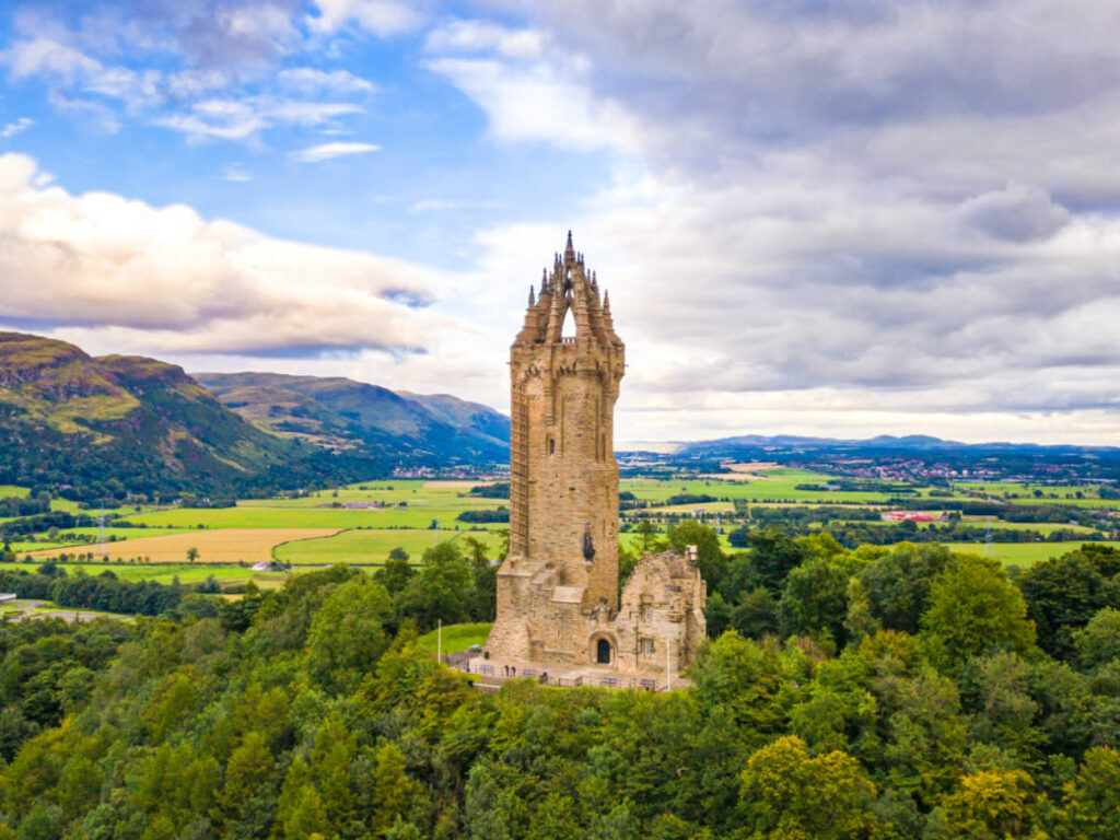 Aerial view of the National Wallace Monument on top of the Abbey Craig Hill