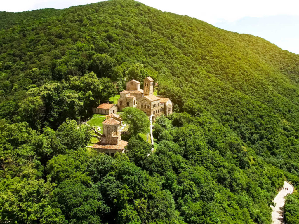 Aerial view of the Nekresi Monastery on the hills surrounded by greenery