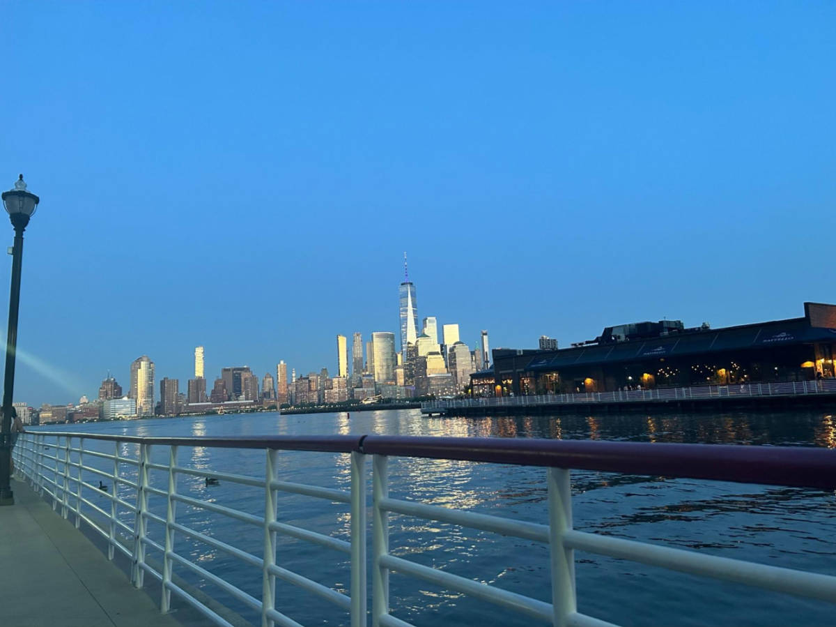 Panoramic view of the skyline in Newport at dusk