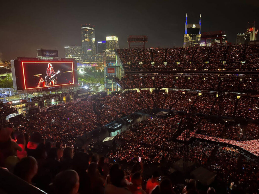 View of a jam-packed Nissan Stadium during a concert