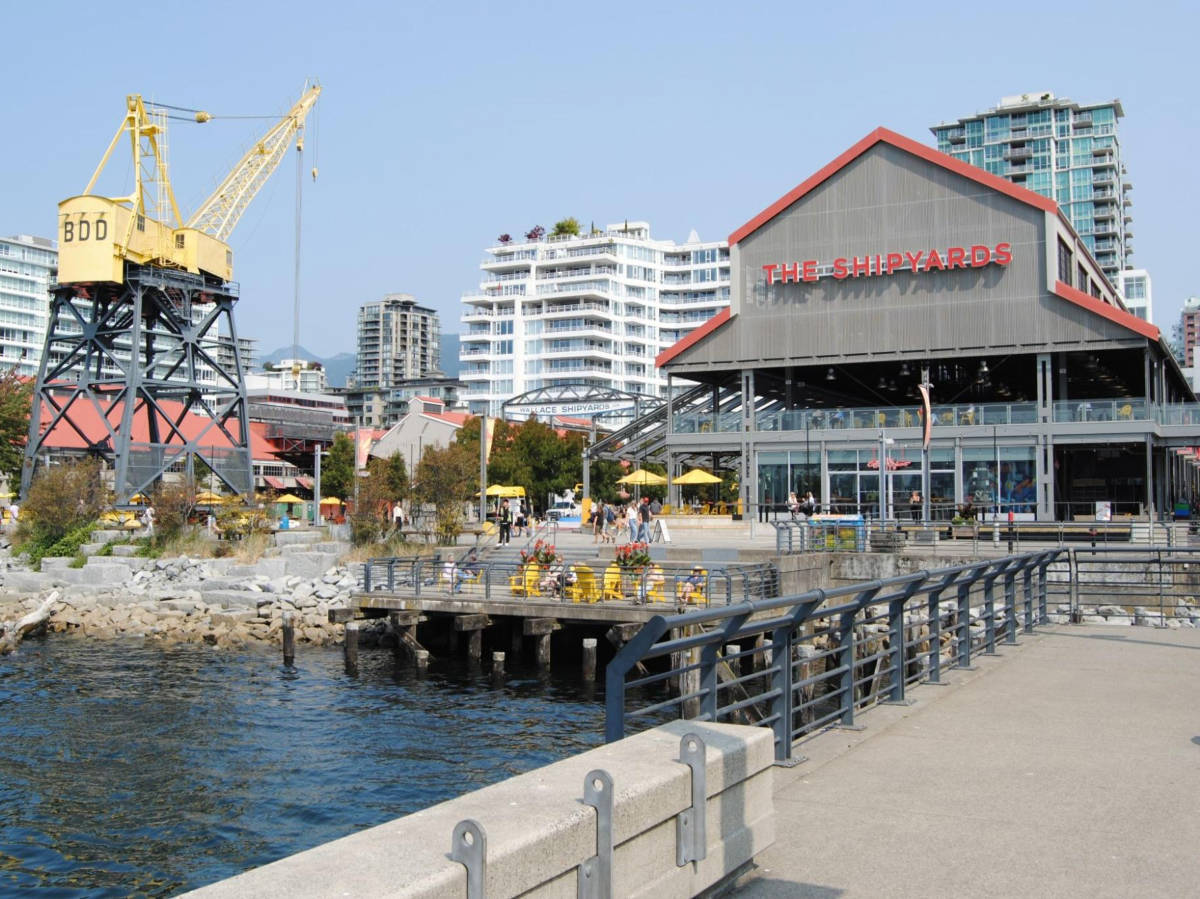 The viewing deck and boardwalk at the Shipyard District in North Vancouver