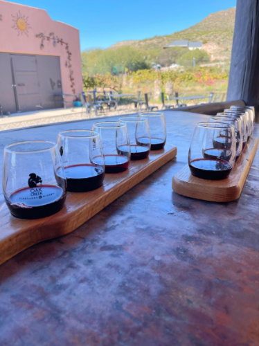 Win flights on a table in Oak Creek Vineyards & Winery