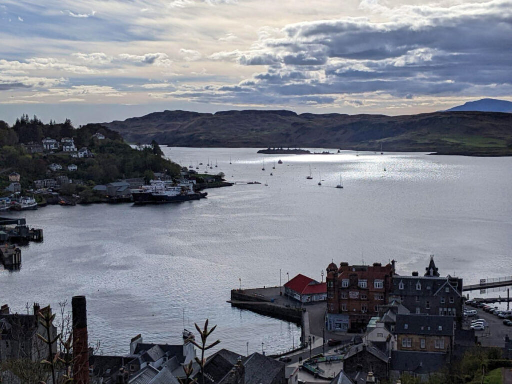 View from McCaig’s Tower over Oban Bay on a cloudy day