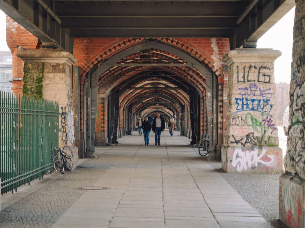 People walking along the Oberbaumbrücke