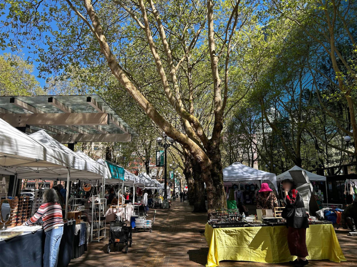View of people and stalls at the Occidental Park