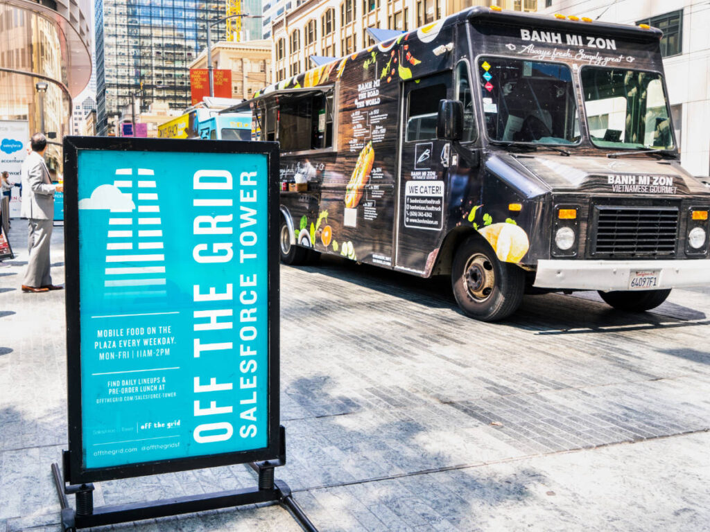 View of the Off the Grid food trucks at the Salesforce Tower