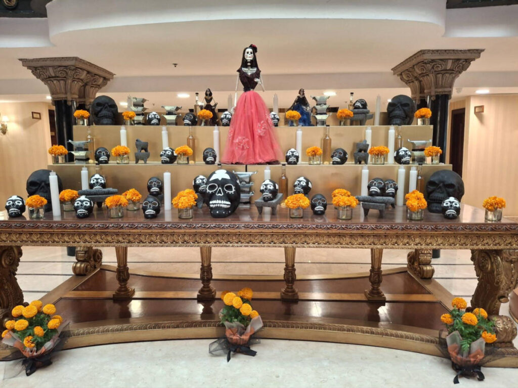 The ofrenda with marigolds at the Gran Hotel