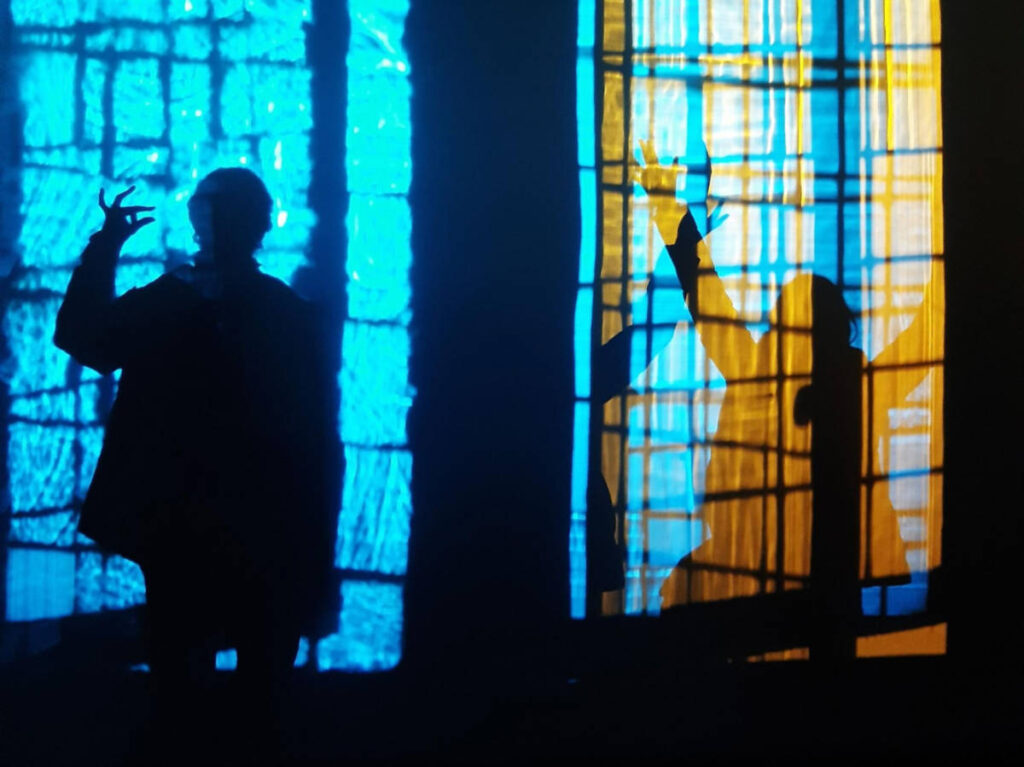 The silhouettes seen from the colorful lights at the Olafur Eliasson exhibition in Palazzo Strozzi