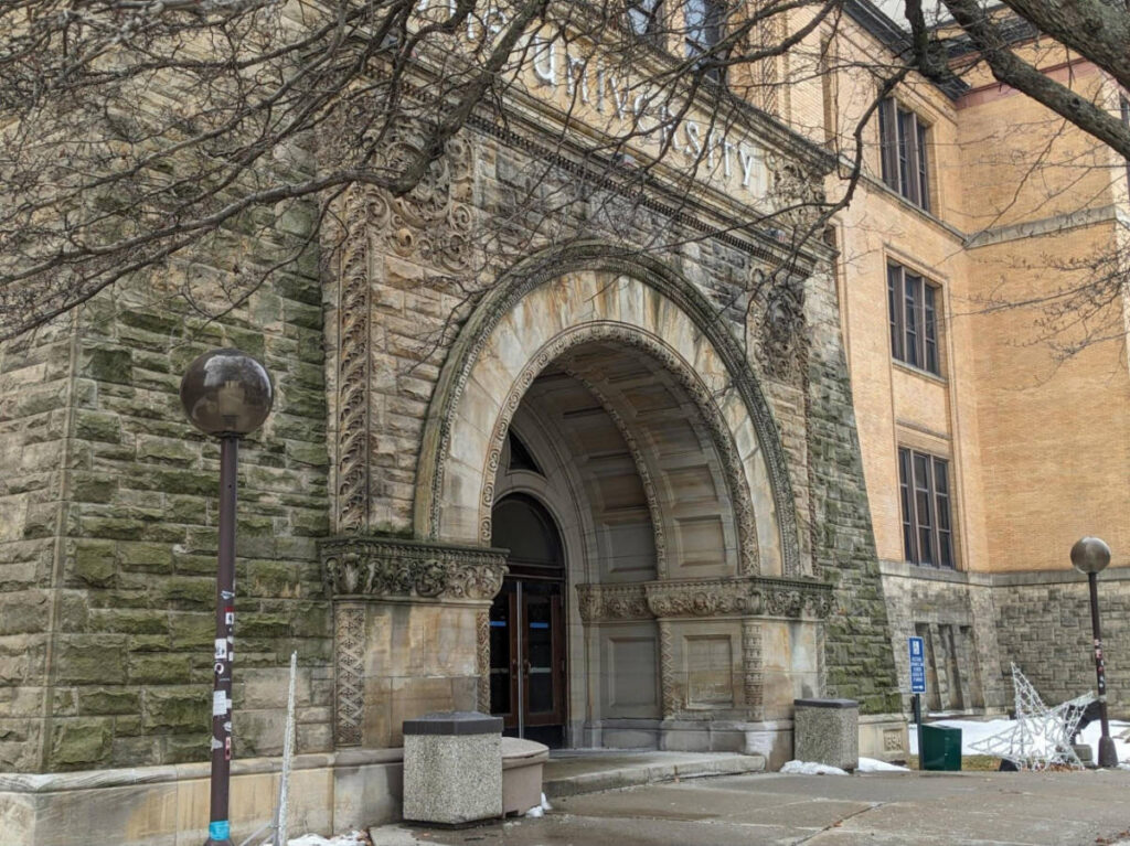 The arch entrance to Old Main at Wayne State University Campus