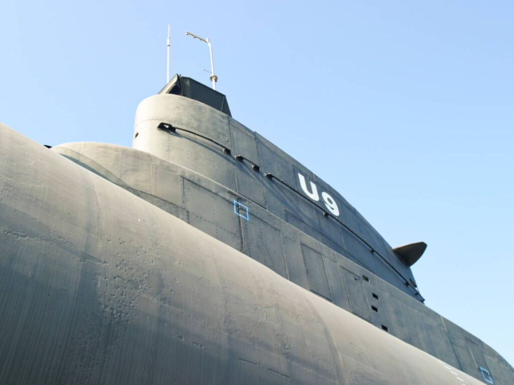 Closeup look of an old submarine on a perspective view