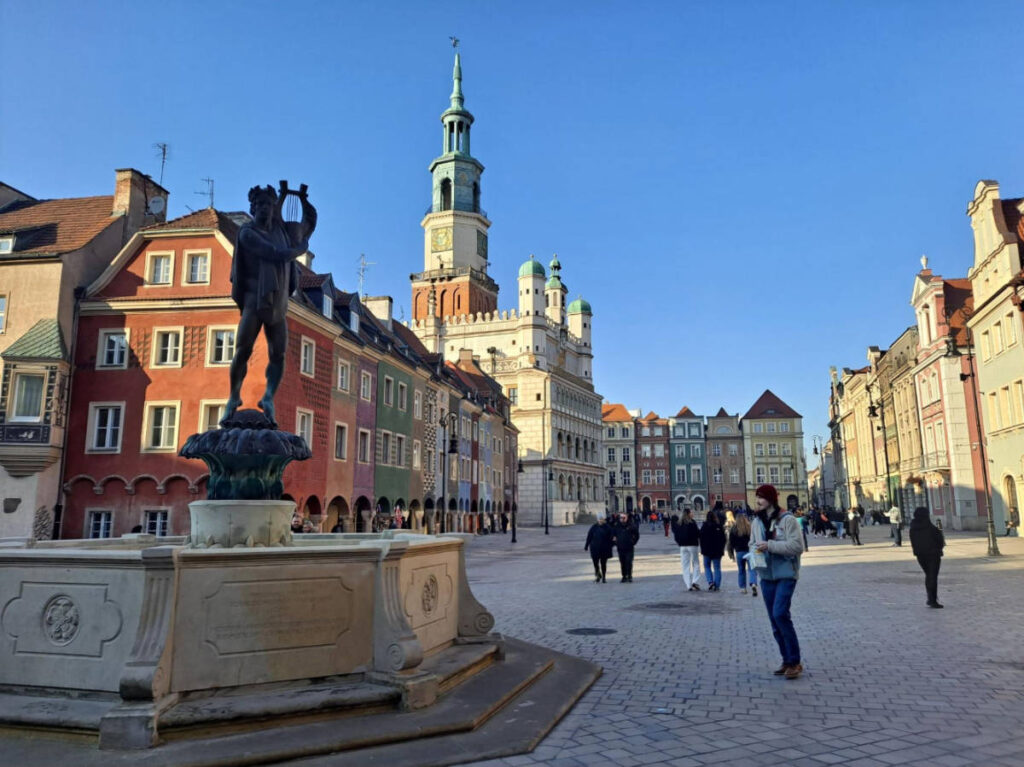 Clear blue sky over the Old Town Market Square in Poznan