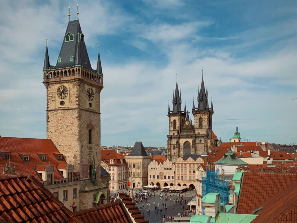 View of Old Town Square and the Church of Our Lady of Tyn from Terasa U Prince Rooftop