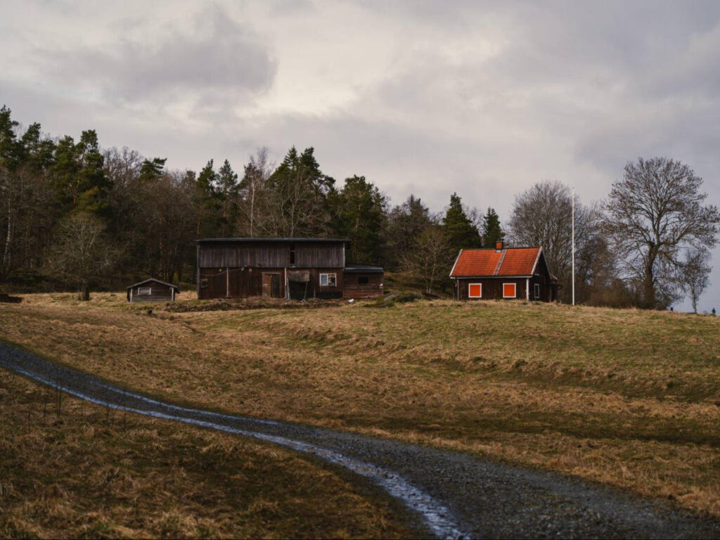 View of the old wooden farm buildings along the trail to Tyresta National Park