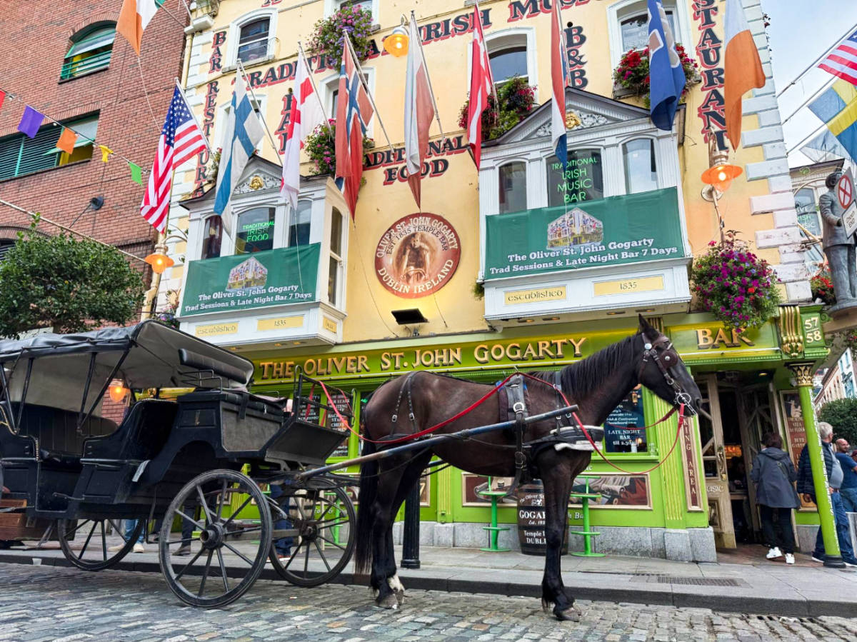 A horse carriage in front of the Oliver St. John Gogartys