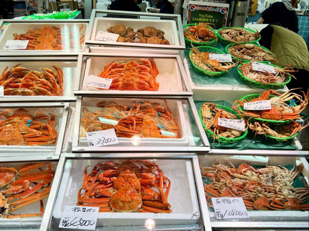 View of different seafoods on display at Omicho Market