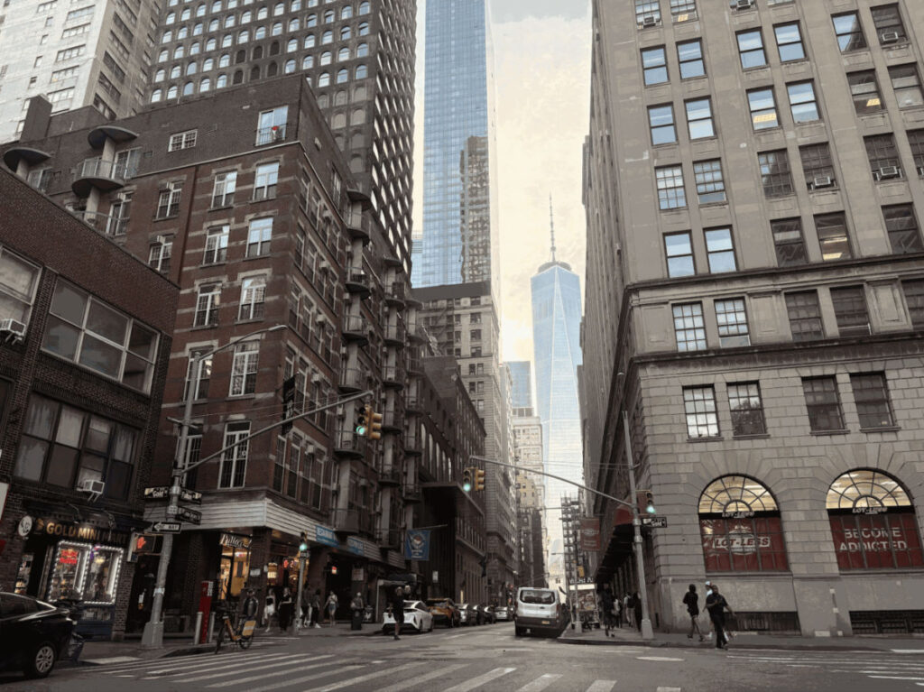 View of One World Trade Center seen from Fulton Street