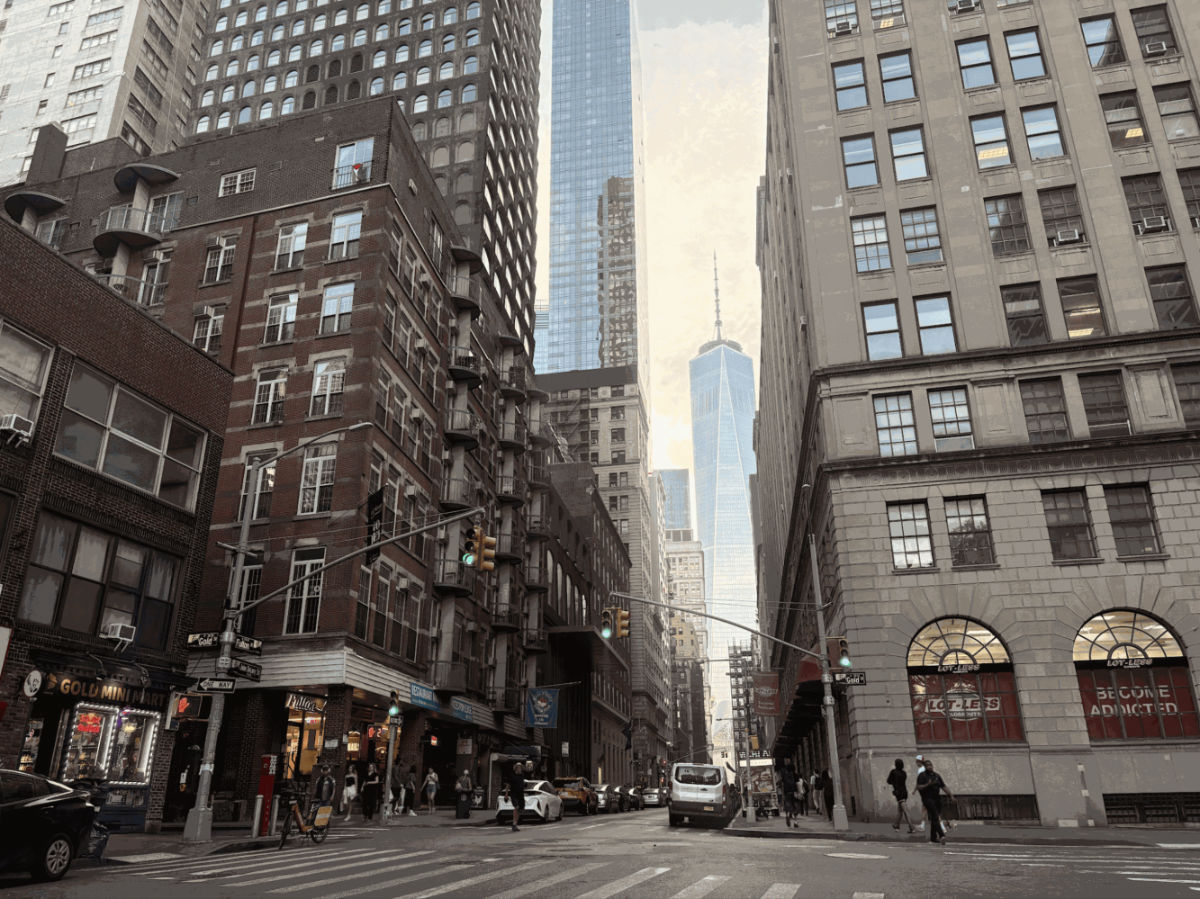 View of One World Trade Center seen from Fulton Street
