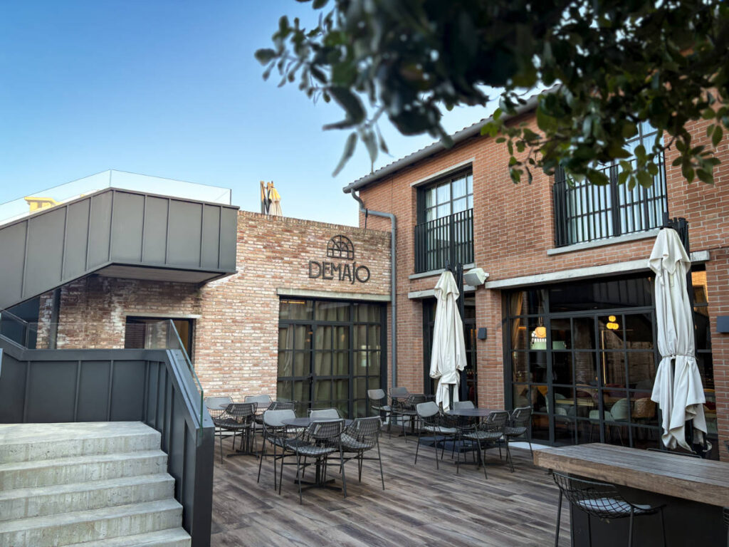 View of the empty seats at the outdoor restaurant & bar space