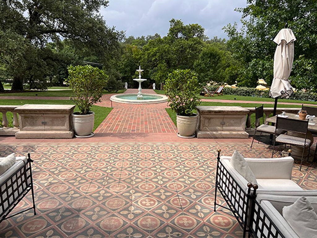 View of the fountain from the patio of Commodore Perry Estate
