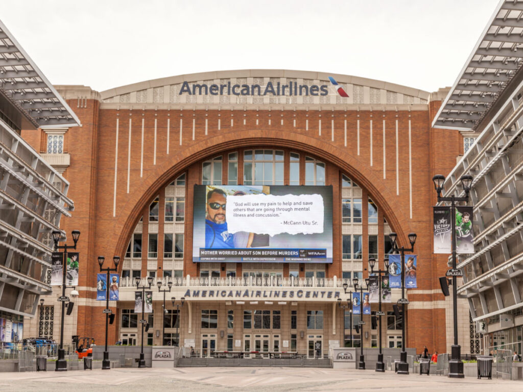 Front view of The American Airlines Center Arena in Dallas, Texas