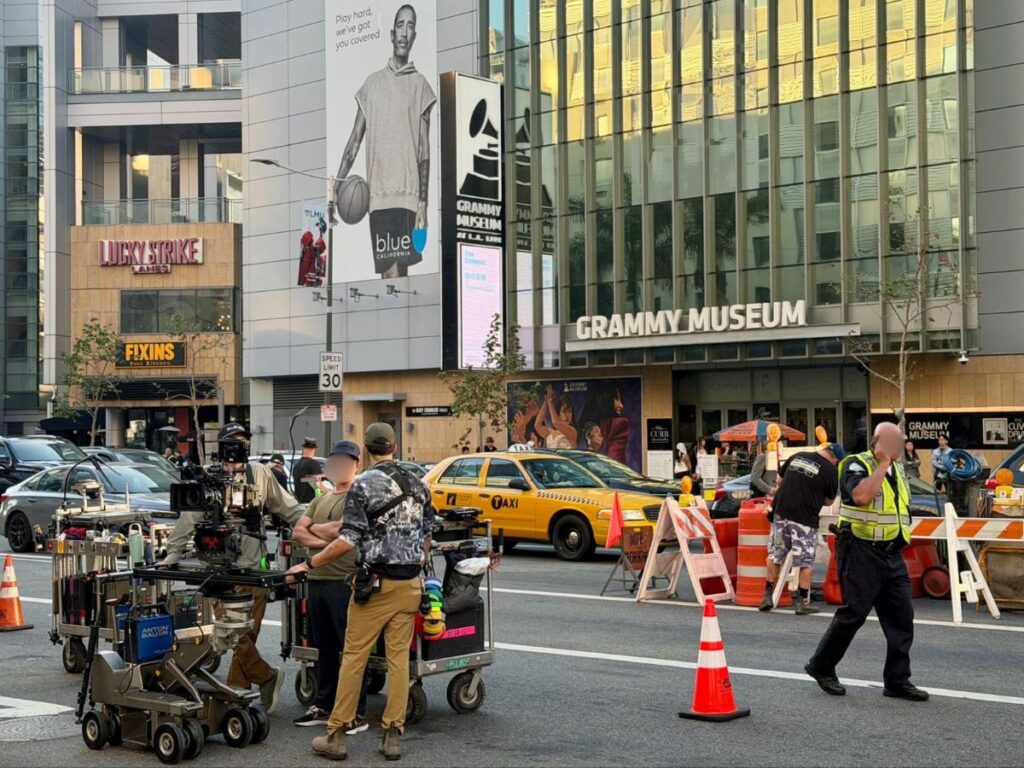A film crew outside the GRAMMY Museum