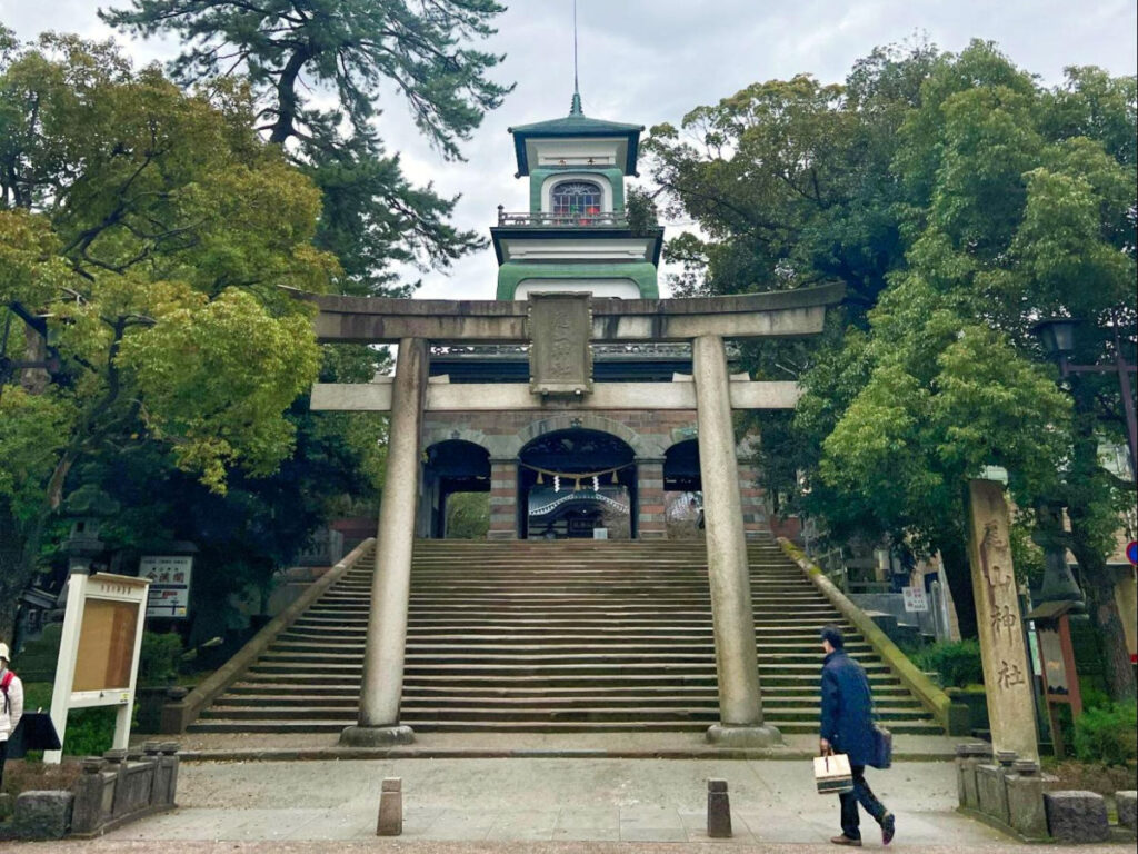 View of the Japanese torii gate entrance to Oyama Shrine