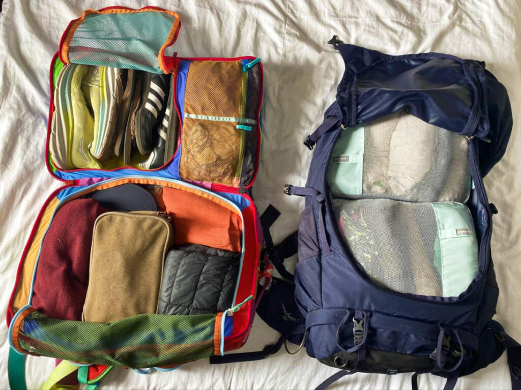 The packing cubes inside the backpacks