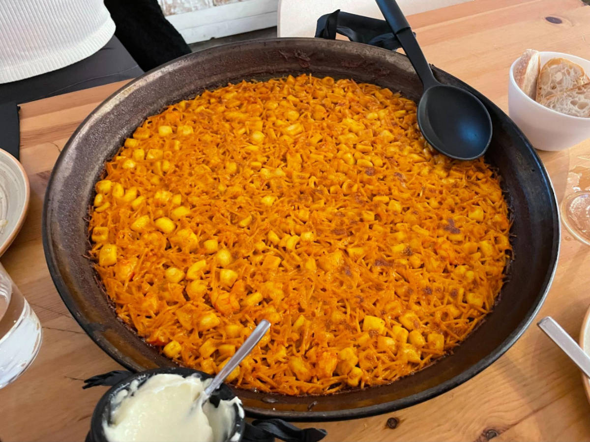 Closeup look of the paella on the pan