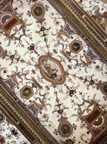 View of the intricate painted ceilings in the Uffizi