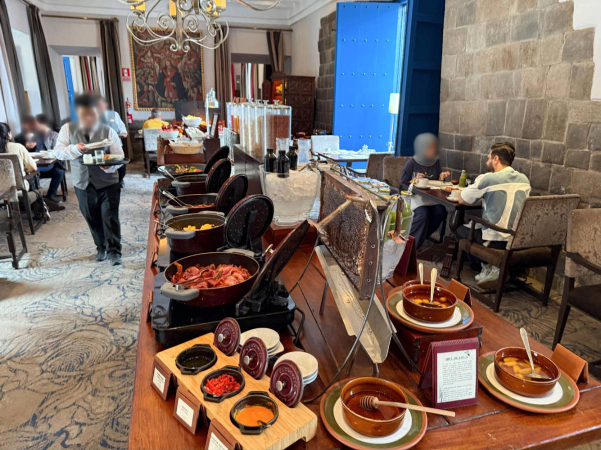 View of the variety of food at the buffet breakfast in Palacio del Inka
