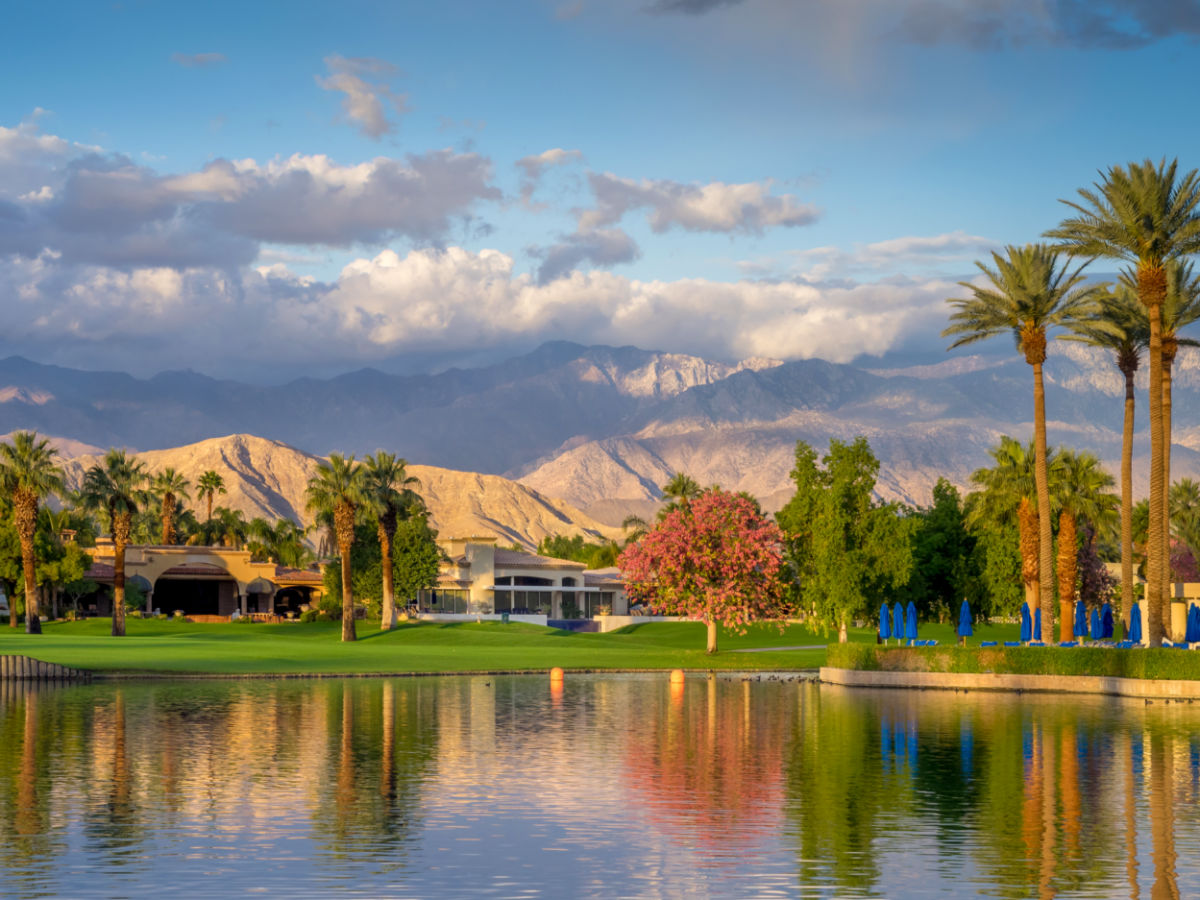 View of water features at a golf course in Palm Desert, CA
