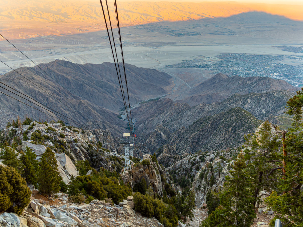 Cable car leading up to Mount San Jacinto in Palm Springs during sunset