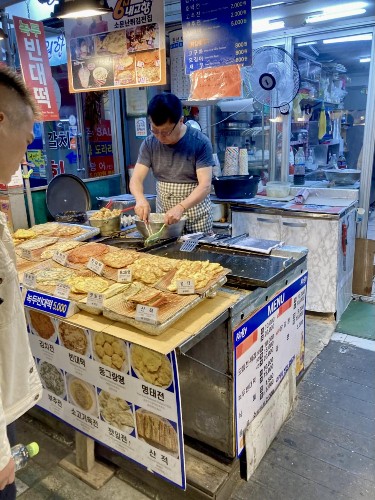A stall selling jeon at Haeundae Market