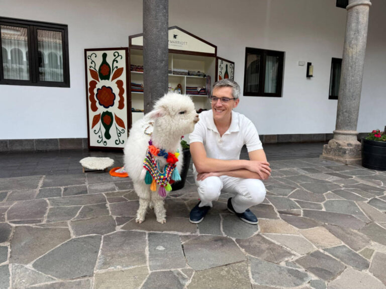The author, Nate Hake with Panchita the alpaca at JW Marriott El Convento Cusco