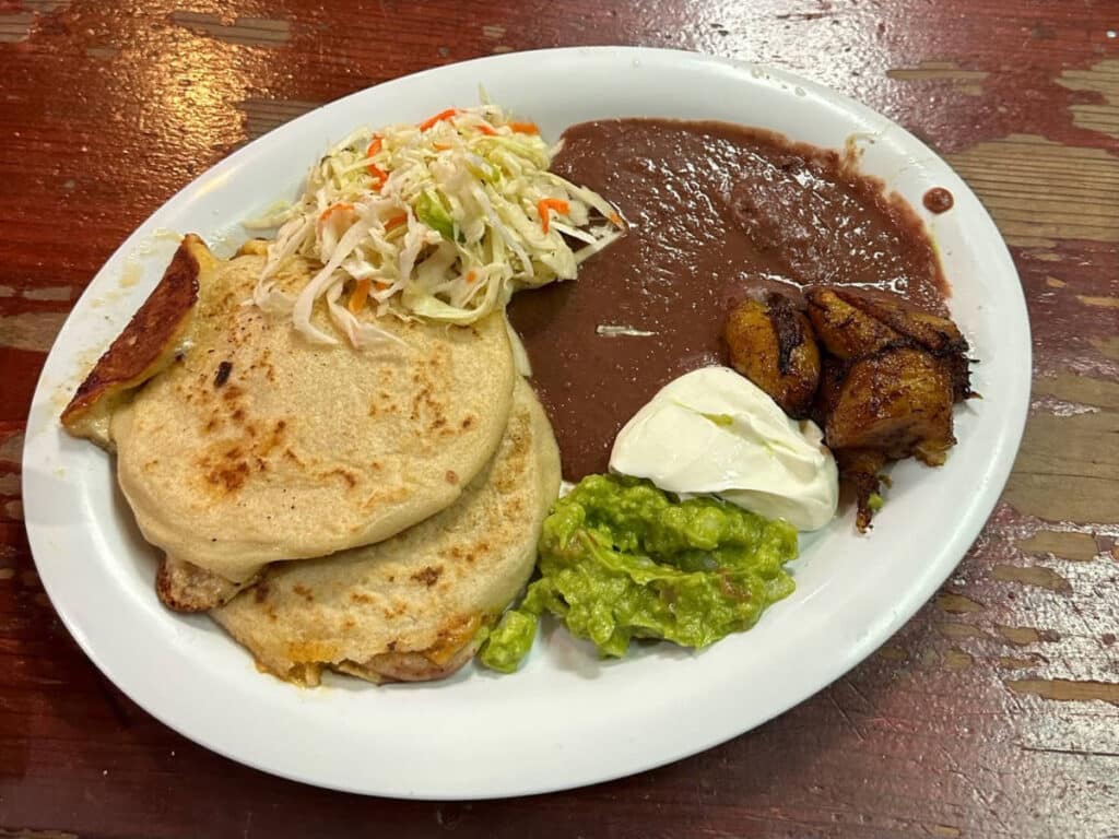 View of foods on a plate in Panchita’s Pupeseria