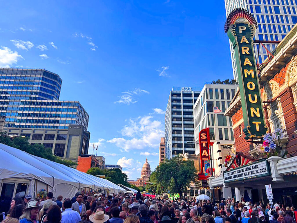 View of the crowd outside the Paramount Theatre