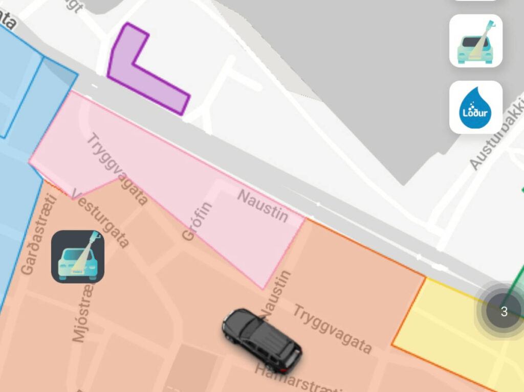 A screenshot of the parked zone in downtown Reykjavík