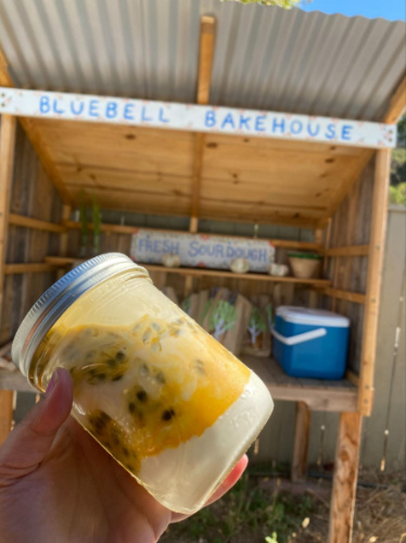 The passionfruit yogurt inside the jar