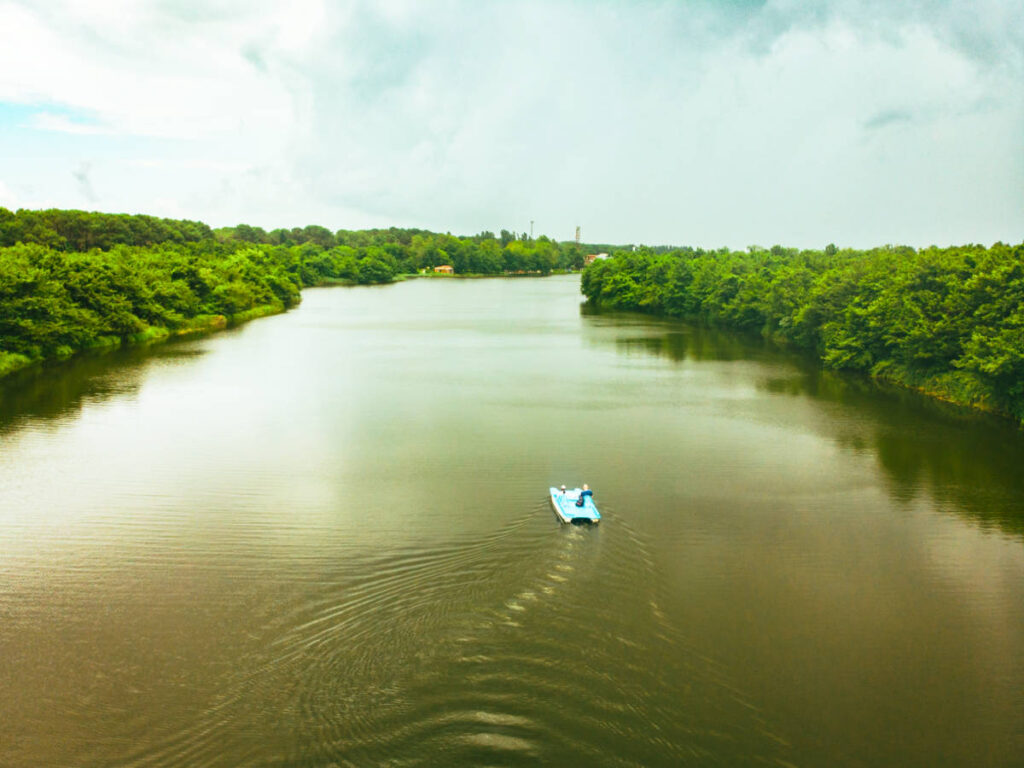 Aerial view of the pedal boat on the river surrounded by lush greenery in Kolkheti National Park and Poti