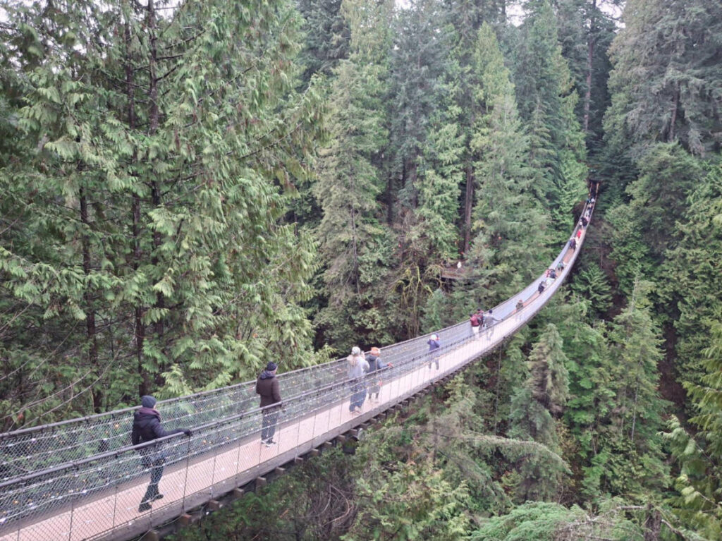 People crossing the Capilano Suspension Bridge