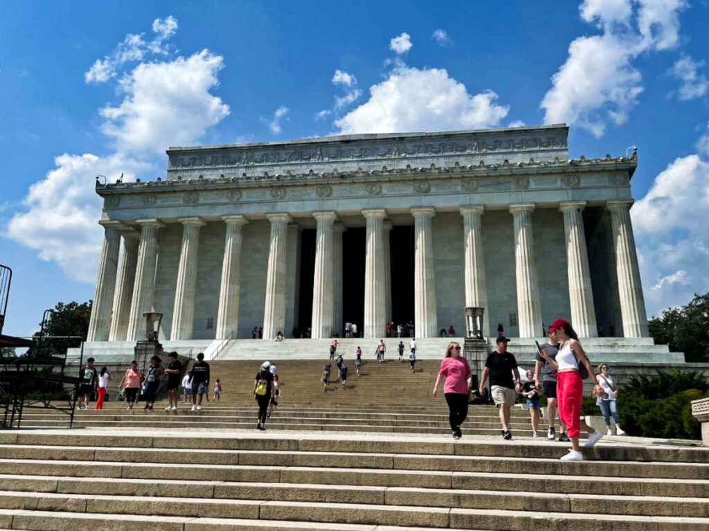 View of the people going up and down the stairs outside the Lincoln Memorial