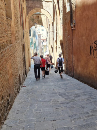 People walking along the hilly street of Siena