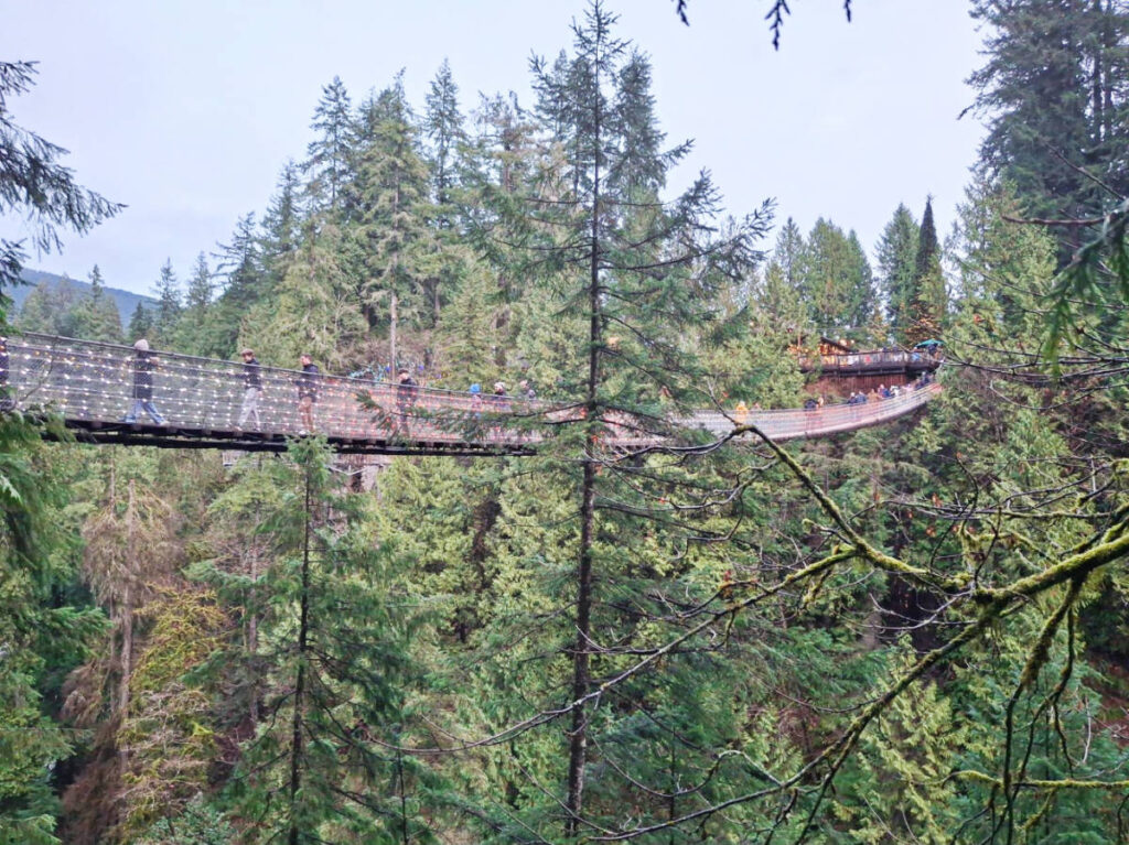 View of people crossing the Capilano Suspension Bridge Park